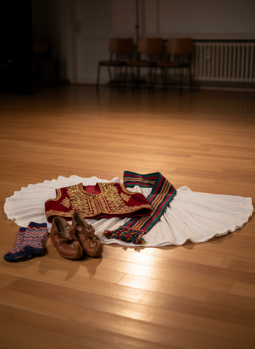 A richly embroidered traditional Serbian folk dance costume neatly arranged on a polished wooden stage floor, the deep red velvet vest with intricate gold thread patterns folded beside a pleated white skirt and brightly woven sash. Colorful patterned socks and leather opanci shoes are placed precisely at the edge of the frame. Overhead warm stage lights cast soft, theatrical illumination, creating gentle shadows in the fabric folds and subtle reflections on the floor. Shot at eye level with a slightly angled composition, the background fades into a softly blurred view of a simple hall interior. The photographic realism and vibrant colors convey a playful, festive atmosphere suitable for a folkdance events association.