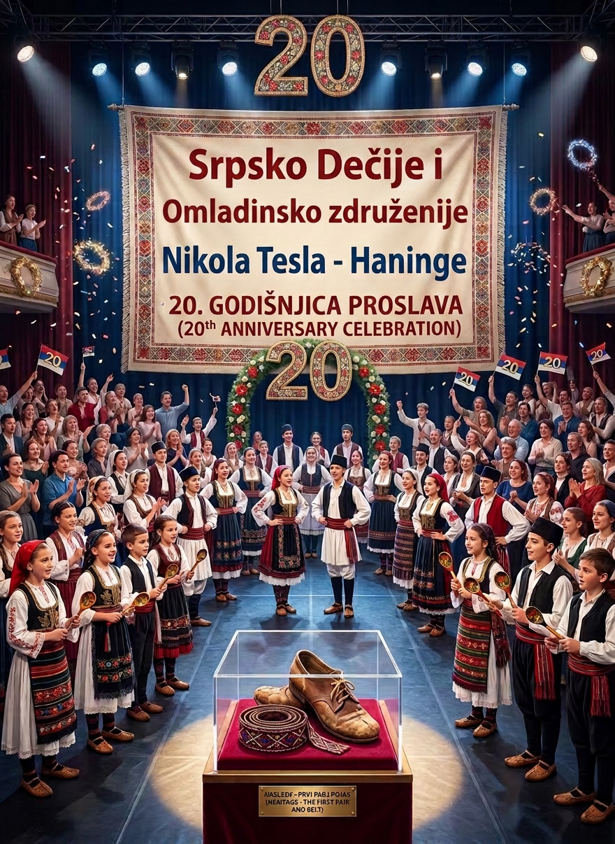 Serbian cultural group celebrating 20th anniversary with traditional costumes and folk dance