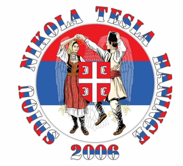 The image depicts a man and woman in traditional Serbian clothing, dancing in front of a Serbian flag. The text "Nikola Te...